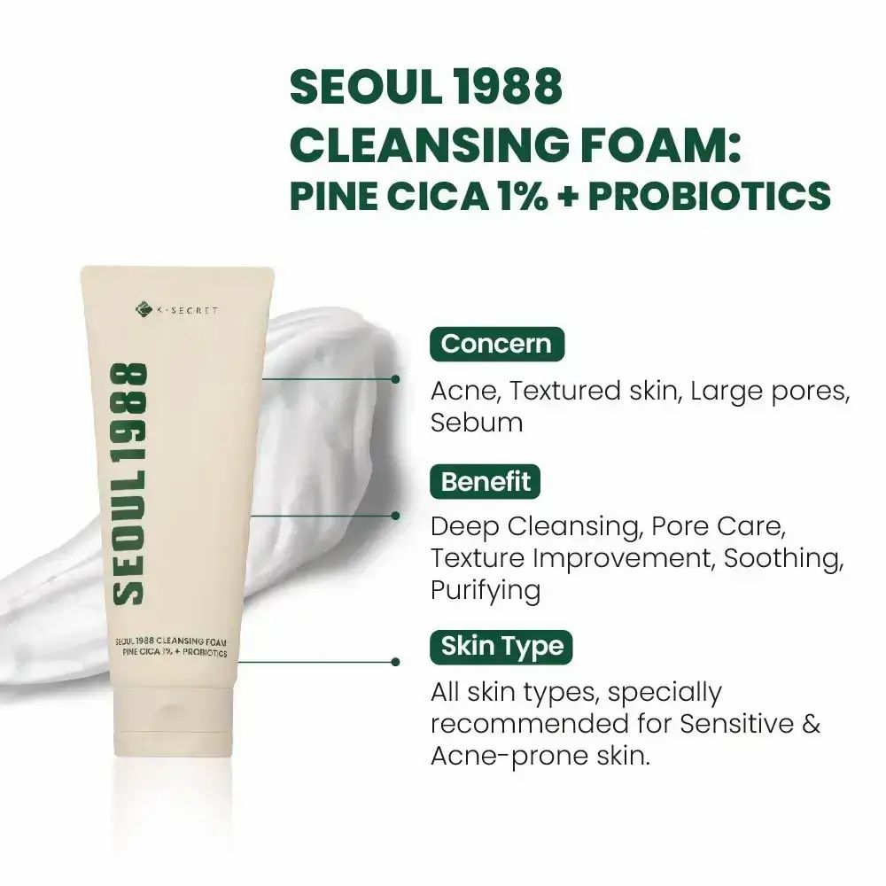 Informations sur le produit : SEOUL 1988 Cleansing Foam. Détails sur les préoccupations, les avantages et le type de peau.