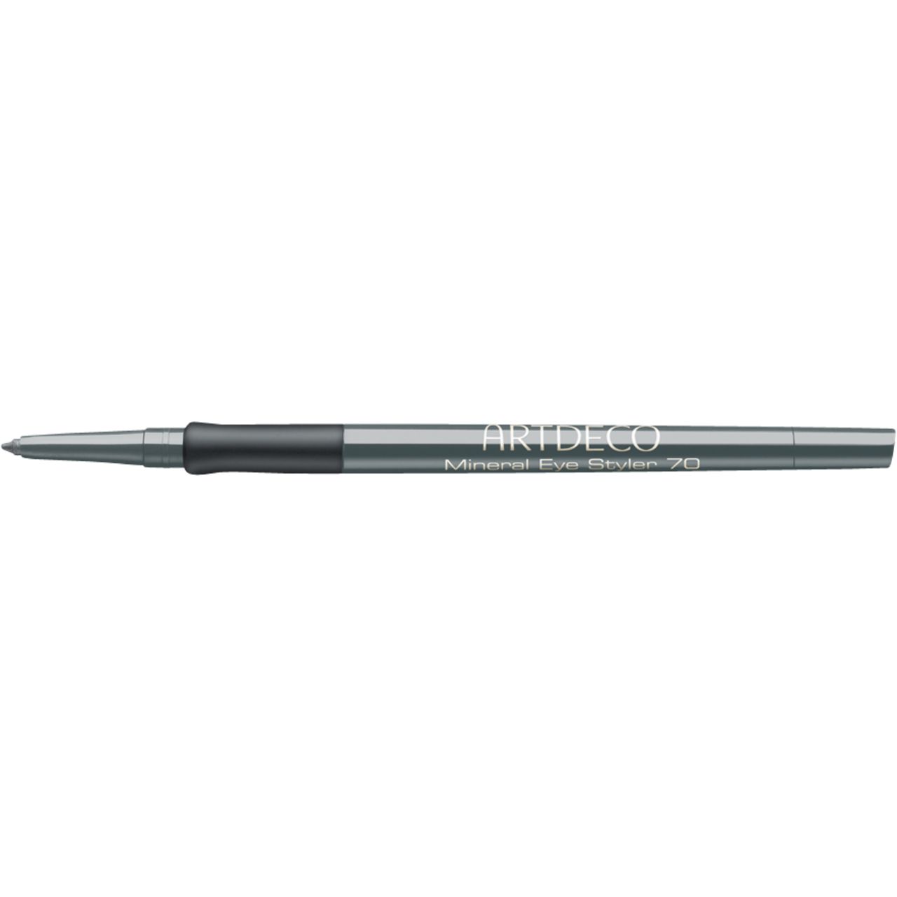 Artdeco Mineral Eye Styler. Grijze potlood met zwarte grip. Punt naar links. Productnaam en merk op het potlood.