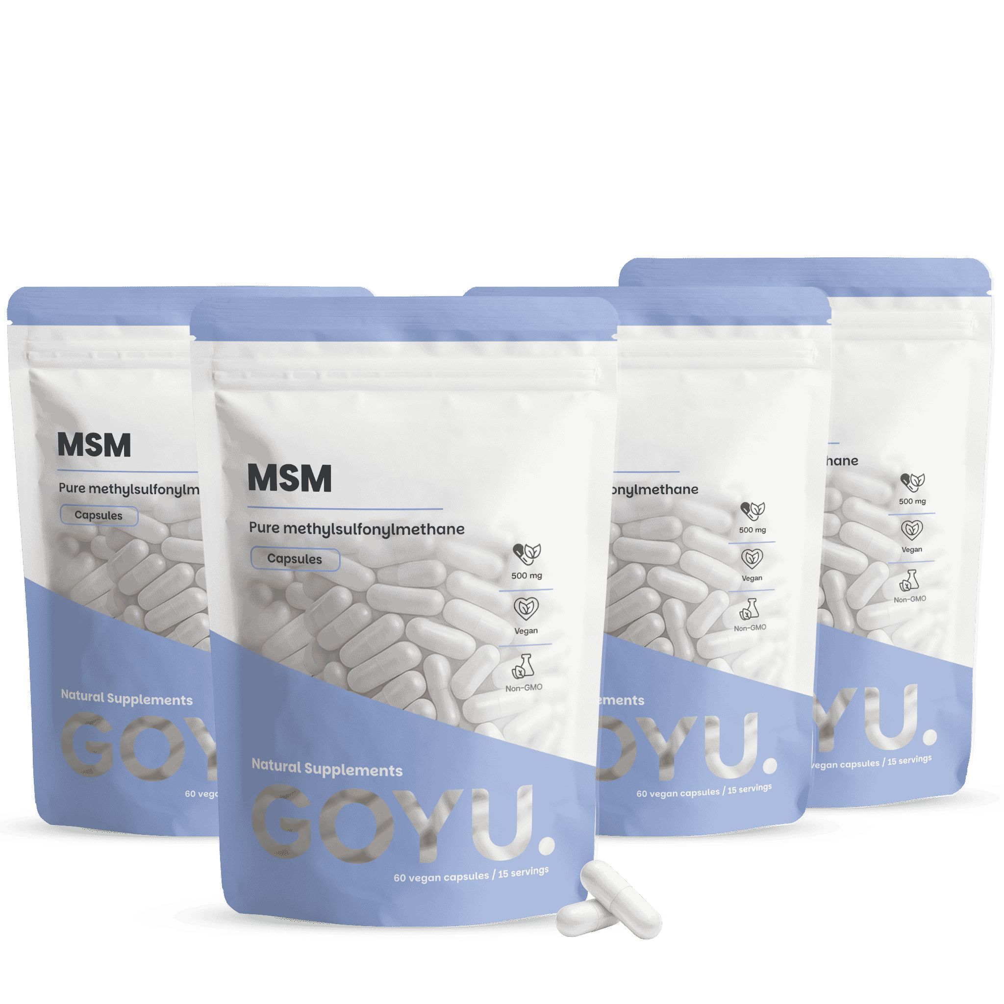 Quatre paquets de capsules GOYU MSM, 60 capsules par paquet. Contient du méthylsulfonylméthane, est végétalien et sans OGM.