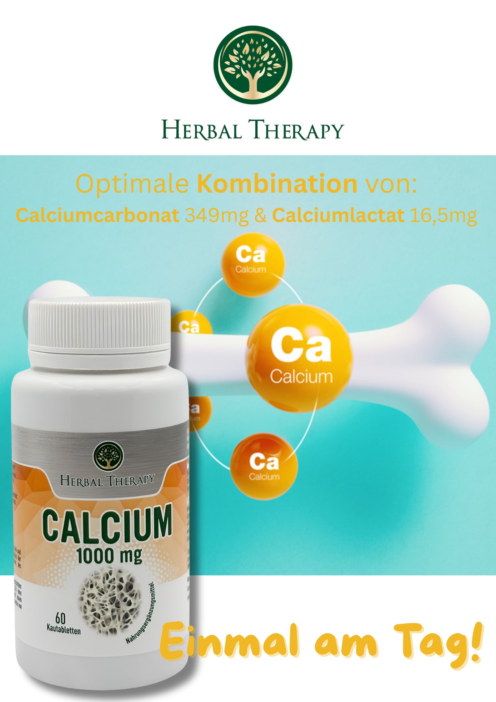 Flacon de produit Calcium 1000 mg. Graphique avec os, atomes de calcium et texte : Combinaison optimale de carbonate et lactate de calcium.