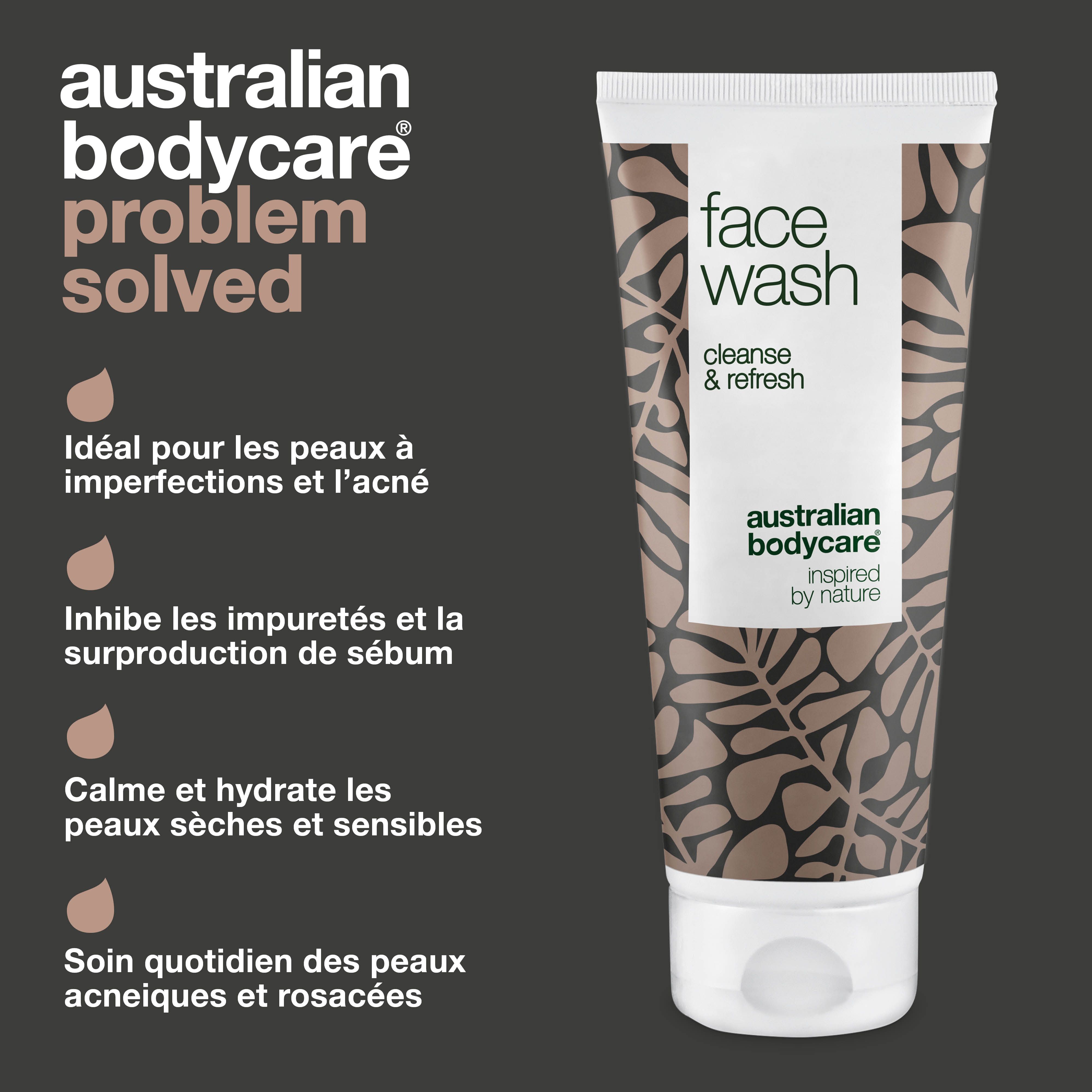 Nettoyant visage. Inscription : face wash, cleanse & refresh. Marque : Australian Bodycare.