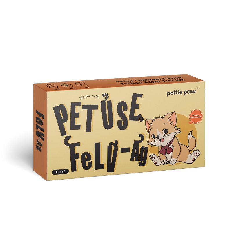 Verpakking voor een FeLV-antigeensneltest voor katten. Opschrift: PETUSE FeLV-Ag, 1 test.