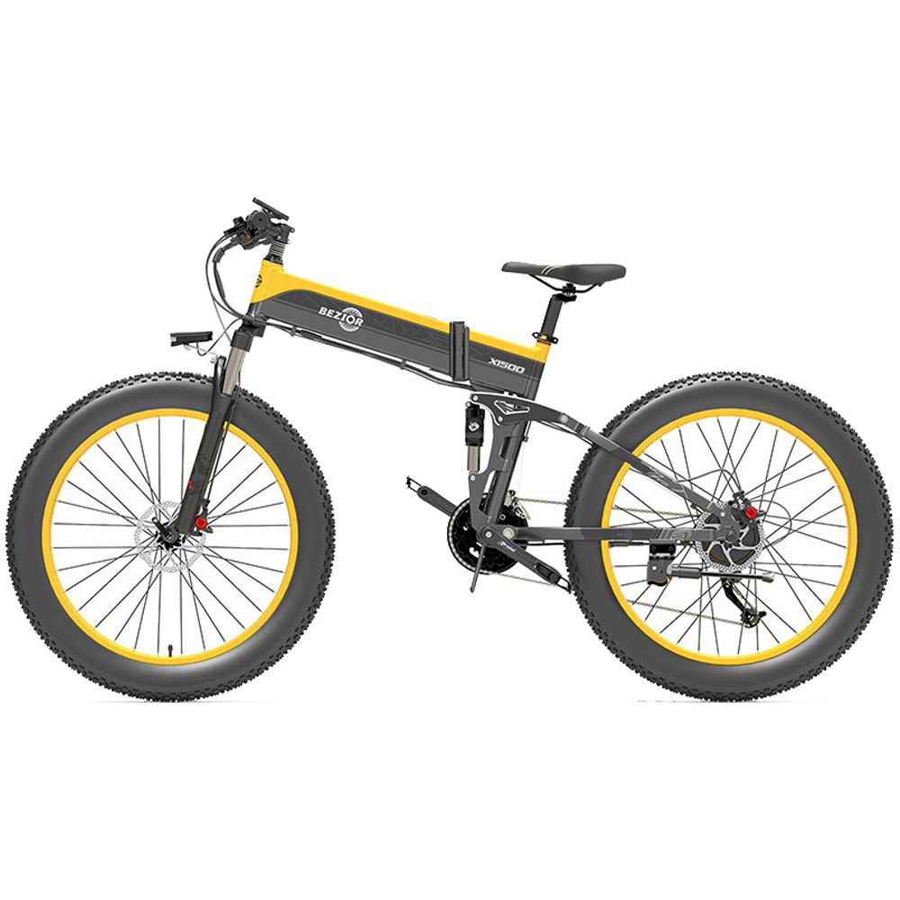 Vélo électrique jaune et noir avec pneus larges. Cadre avec batterie. Jantes jaunes. Selle et guidon noirs.