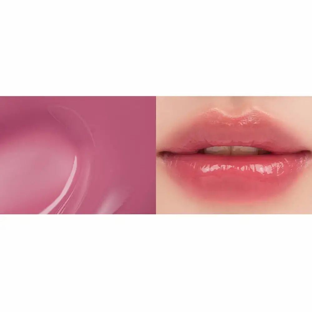Close-up van lippen met roze lipgloss aangebracht. Daarnaast een swatch van de gloss.