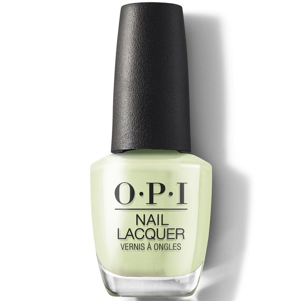 OPI nagellak fles. Lichtgroene lak, zwarte dop. Opschrift: O.P.I. Nail Lacquer.