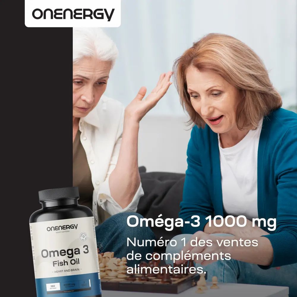 Femmes jouant aux échecs, flacon d'Omega 3. Texte: Omega-3 1000 mg - à partir d'huile de poisson. 360 gélules.