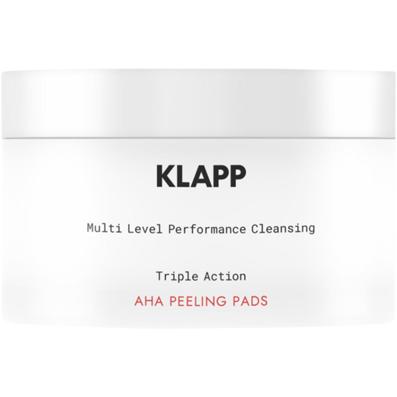 Produit blanc Klapp. Inscription : Multi Level Performance Cleansing, Triple Action, AHA PEELING PADS.