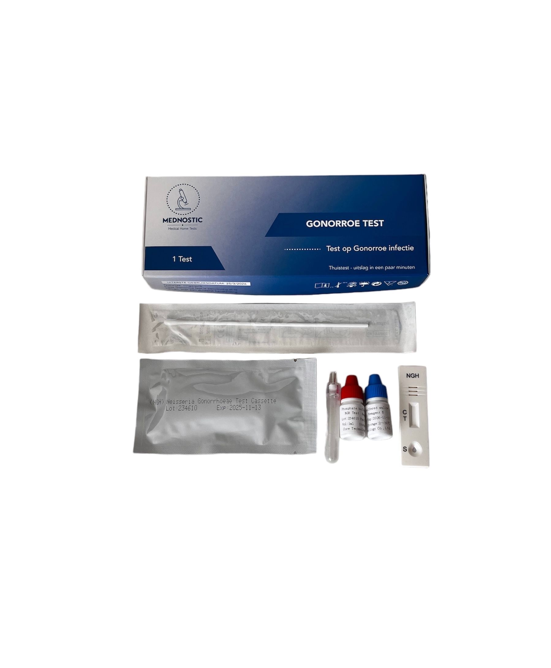 Mednostic Gonorroe sneltest kit. Bevat testcassette, wattenstaafje, reageerbuisjes en instructies. Verpakt in een doos.