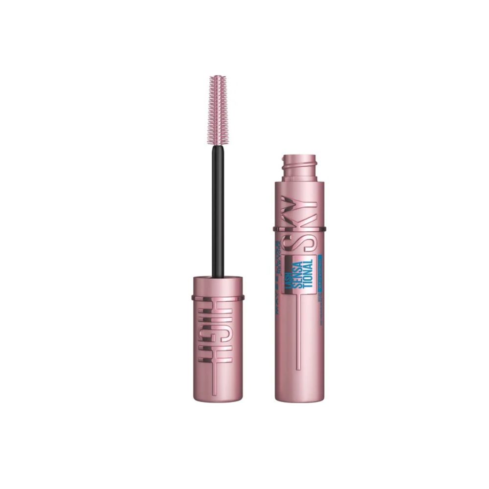 Tube de mascara rose avec applicateur. L'applicateur a une brosse rose.