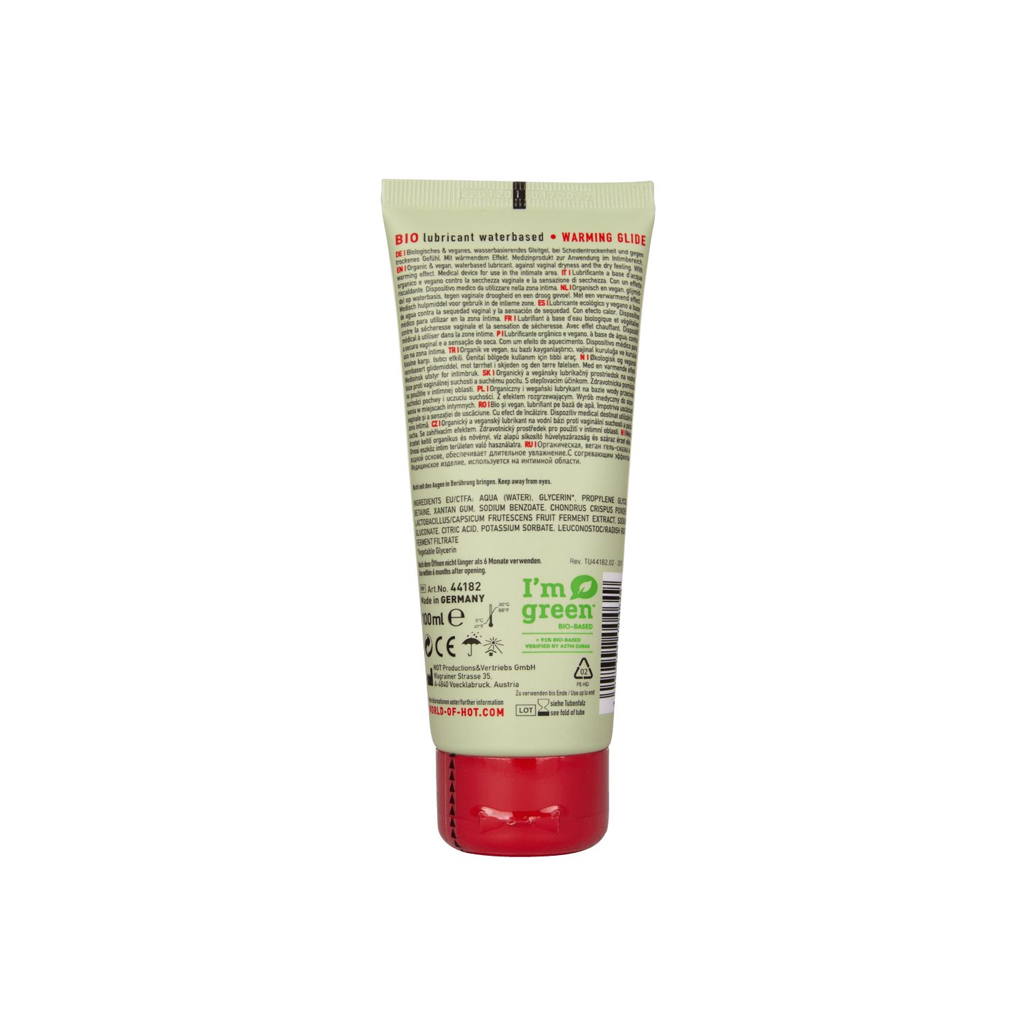 Dos de la tube de lubrifiant BIO Warming avec ingrédients et logos.
