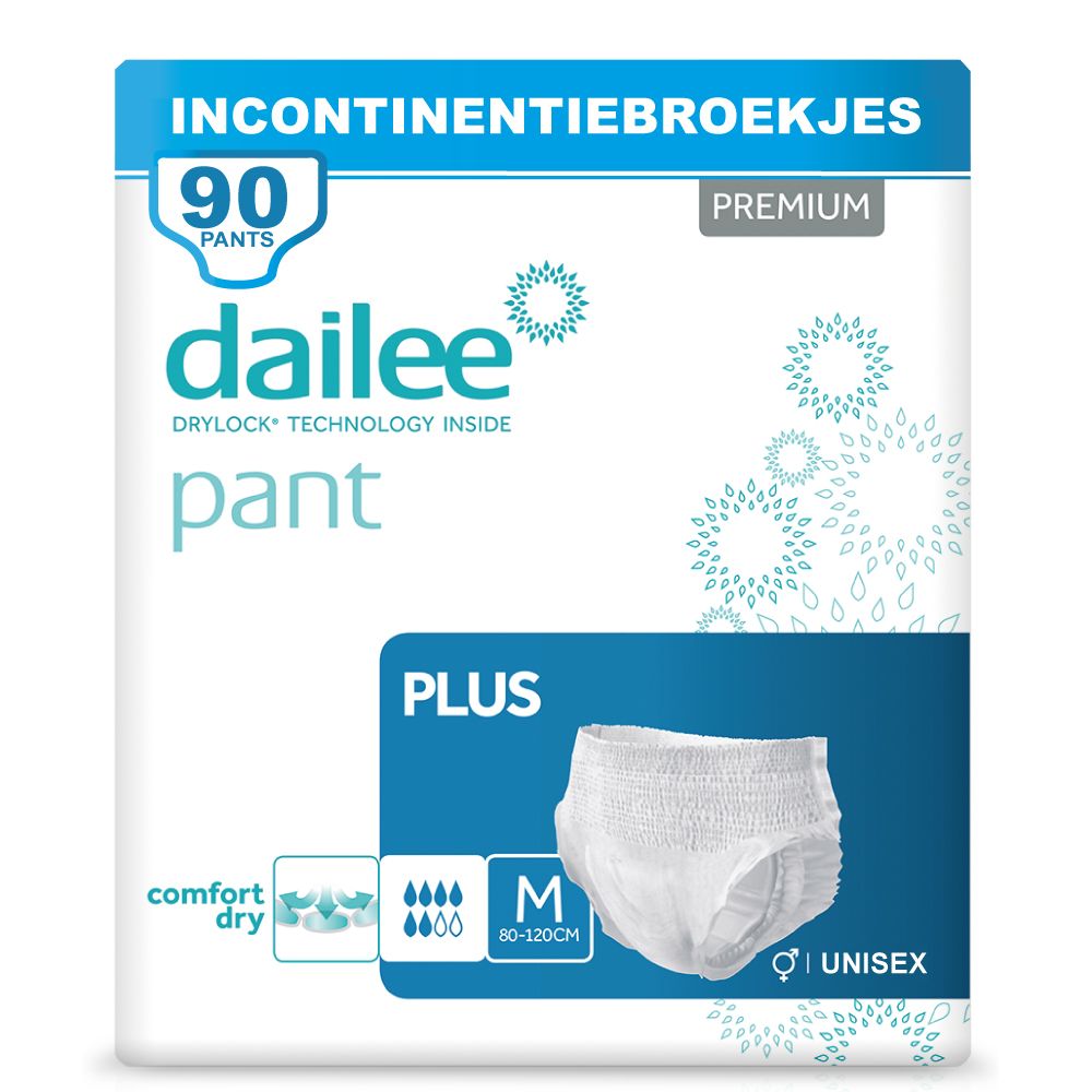 Verpakking Dailee Pants Plus. 90 Pants, Premium. Maat M, 80-120cm. Unisex. Comfort en droog.