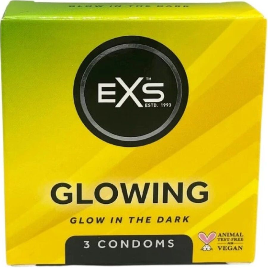 Boîte de 3 préservatifs EXS Glow in the Dark. Dégradé jaune-vert, logo et nom du produit.