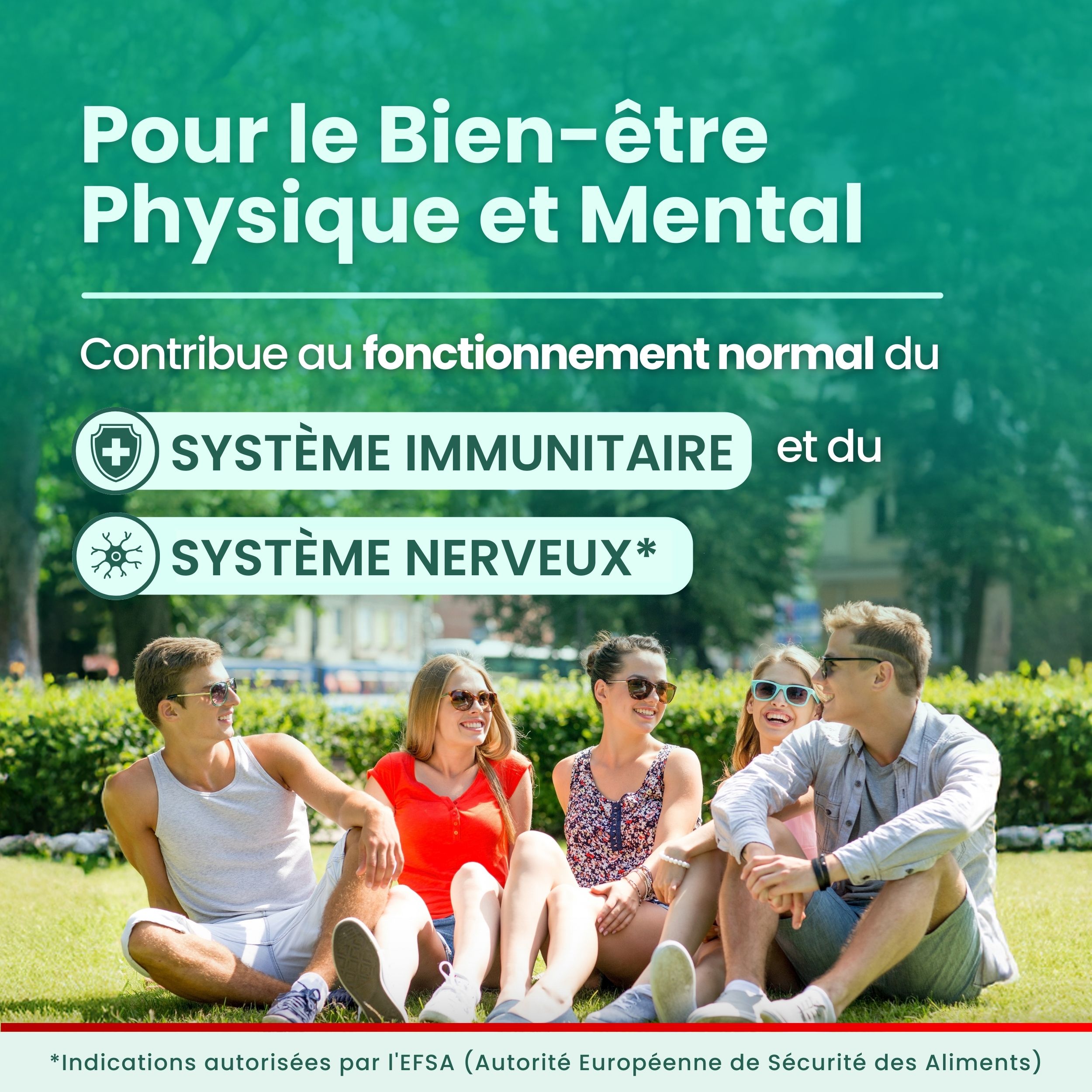 Groupe de personnes à l'extérieur. Texte : Pour le bien-être physique et mental. Contribue au système immunitaire et nerveux.