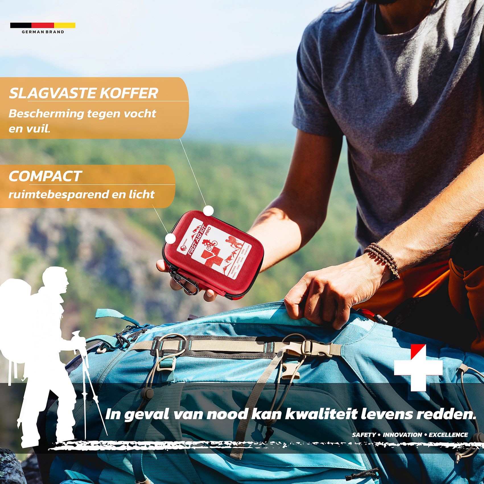 Rode EHBO-kit PRO met witte opdruk. Tekst: 'FIRST AID KIT PRO'. Met bergbeklimmer- en fietssymbolen.