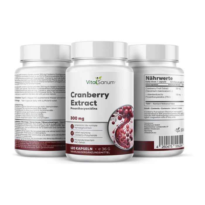 VitaSanum Cranberry Extract capsules, 300 mg. Drie potjes met cranberry-afbeelding en voedingswaarde-informatie.