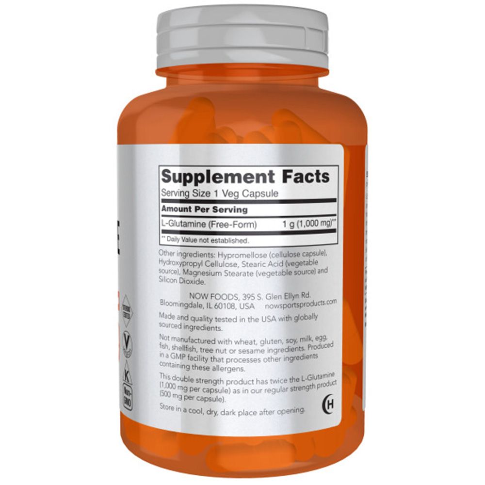 Étiquette de faits sur les suppléments sur une bouteille. Contient de la L-Glutamine, 1 g (1 000 mg) par capsule. Fabriqué aux États-Unis.