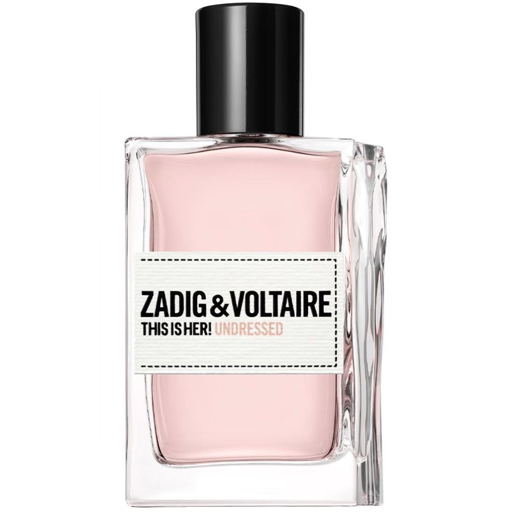 Zadig & Voltaire This Is Her! Undressed Eau de Parfum. Rechthoekige fles met roze vloeistof en zwarte dop.