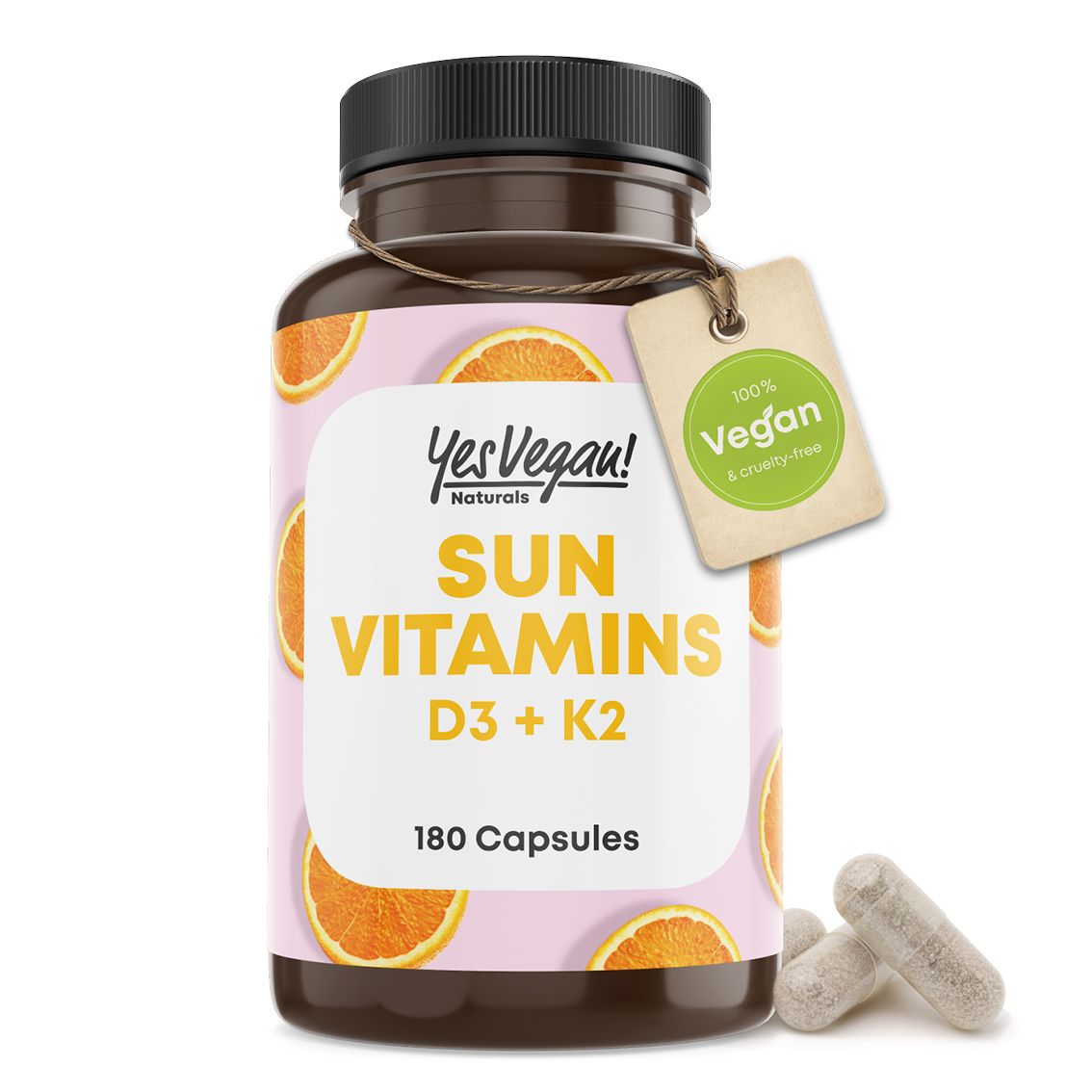 Bruine fles met capsules. Opschrift: SUN VITAMINS D3 + K2. 180 capsules. Label: 100% veganistisch.