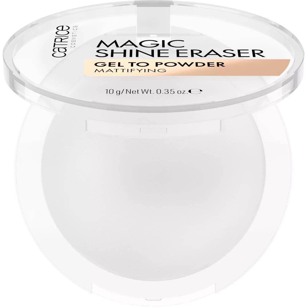 Witte, ronde houder met open transparant deksel. Opschrift: Catrice, Magic Shine Eraser, Gel to Powder, Mattifying. 10 g/Net Wt. 0.35 oz.