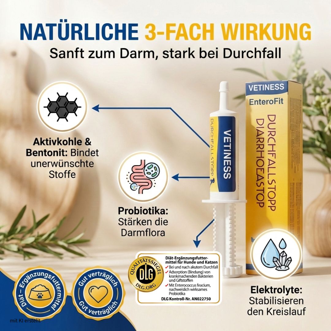 Produit avec emballage et ingrédients. Texte : Effet triple naturel. Charbon actif, bentonite, probiotiques, électrolytes. Sceau OLG.