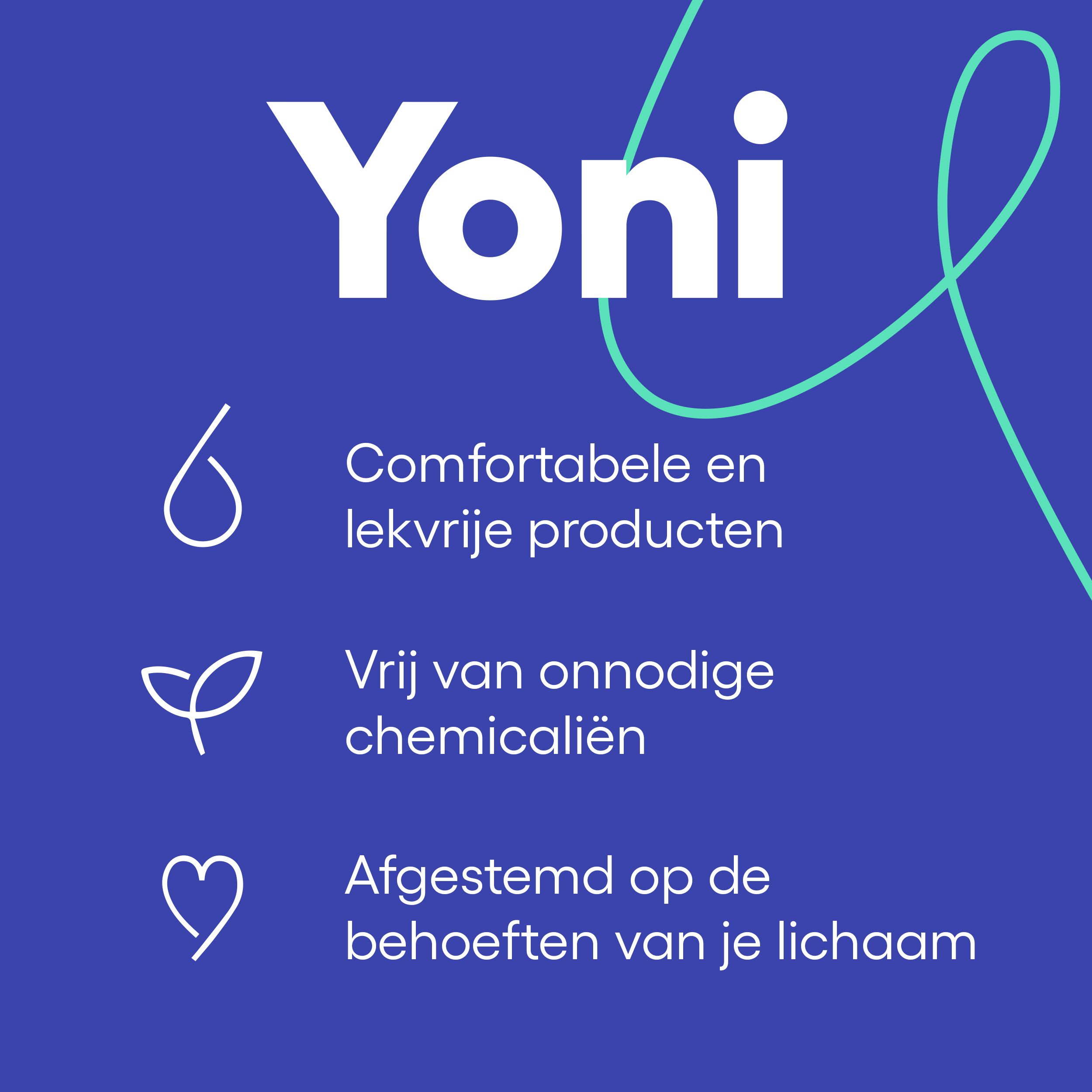 Yoni-logo en tekst: Comfortabel en lekvrij, vrij van onnodige chemicaliën, afgestemd op de behoeften van je lichaam.