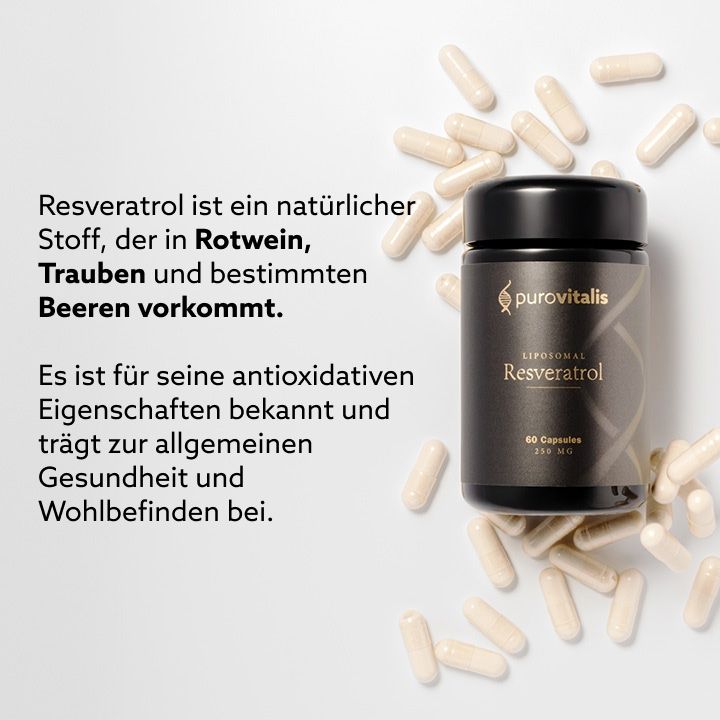 Zwarte fles 'Purovitalis Resveratrol' met capsules. Tekst: 'Resveratrol is een natuurlijke stof'.