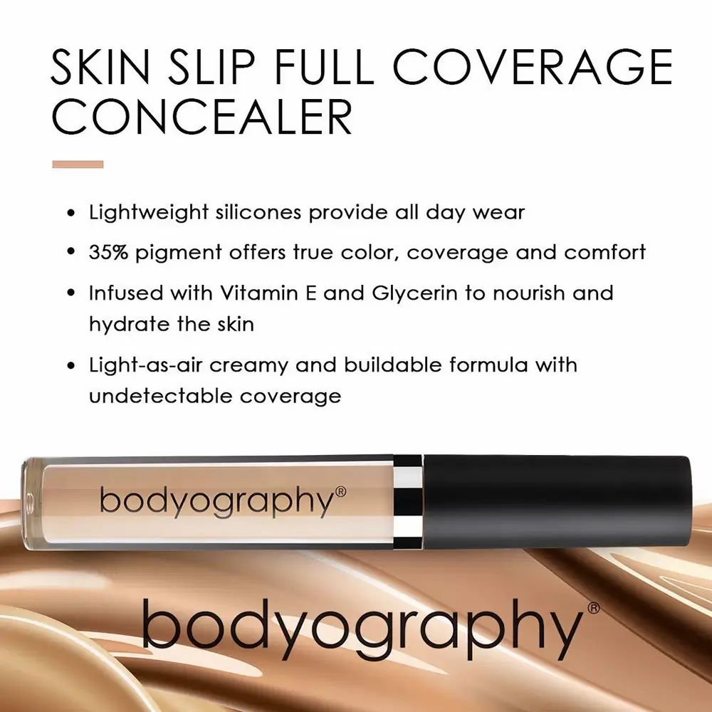 Concealer tube met tekst: SKIN SLIP FULL COVERAGE CONCEALER. Tekst: Lightweight silicones provide all day wear... Opschrift: bodyography®.