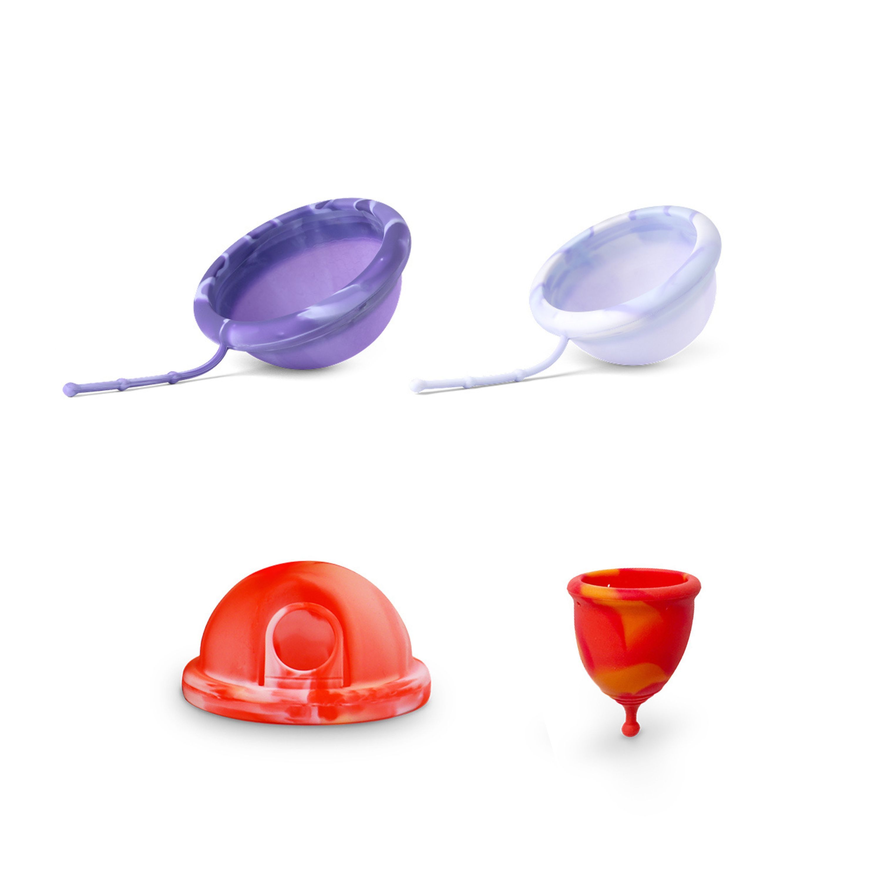 Deux coupes menstruelles avec tige, une violette, une blanc-bleu.
