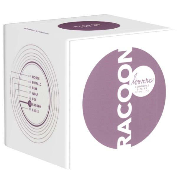 Vierkante verpakking met logo en productnaam "Raccoon". Opschrift "Loovara Condoms".