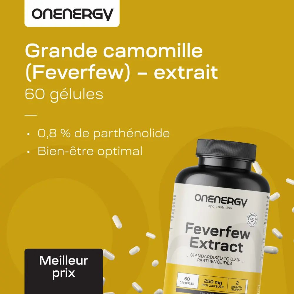 Trois bouteilles d'extrait de grande camomille OnEnergy sur fond jaune.