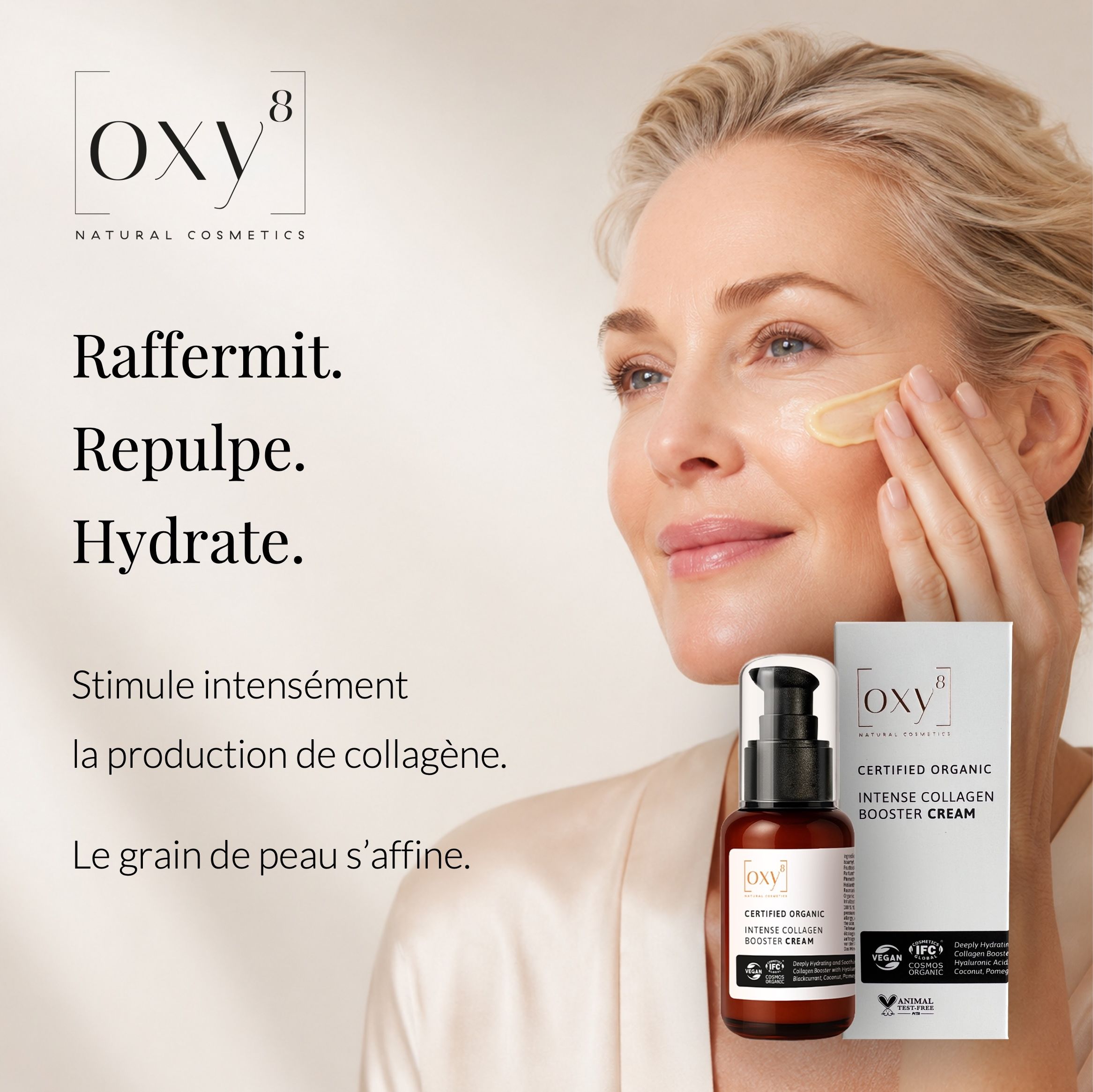 Publicité : Femme appliquant de la crème, texte : Raffermit. Repulpe. Hydrate.
