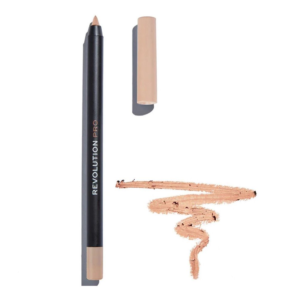 Crayon eyeliner beige avec corps noir. Capuchon ouvert à côté. Trait de couleur.