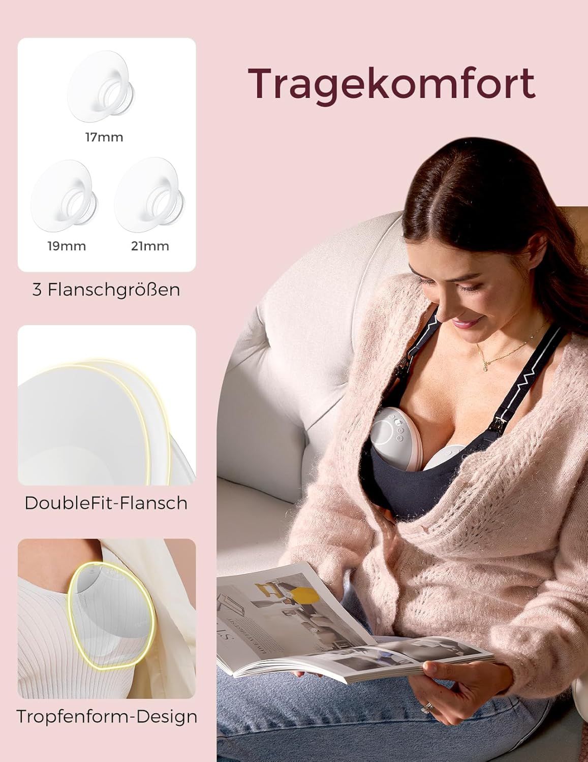 Tire-laits Momcozy : 3 tailles de flasques (17, 19, 21mm), DoubleFit, forme goutte.