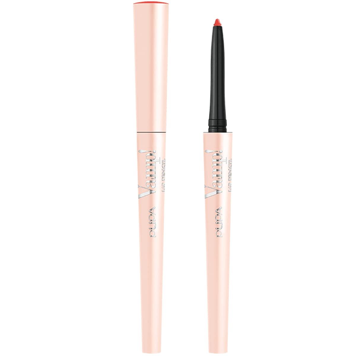 Twee roze lipliners, één met open punt. Opschrift Pupa Milano. Rode punt.