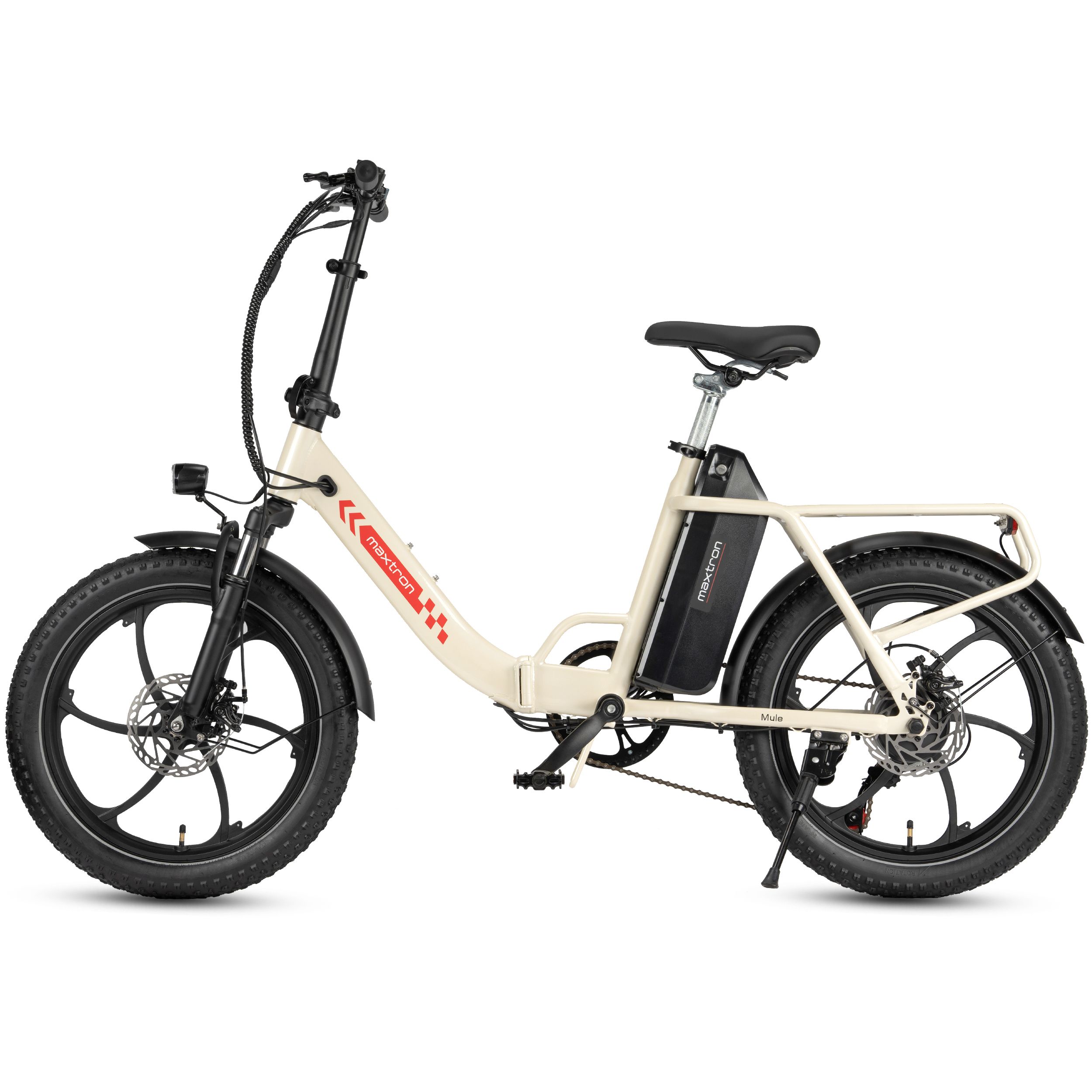 Vélo électrique pliant crème, pneus noirs, logo Maxtron. Porte-bagages, batterie, phare.