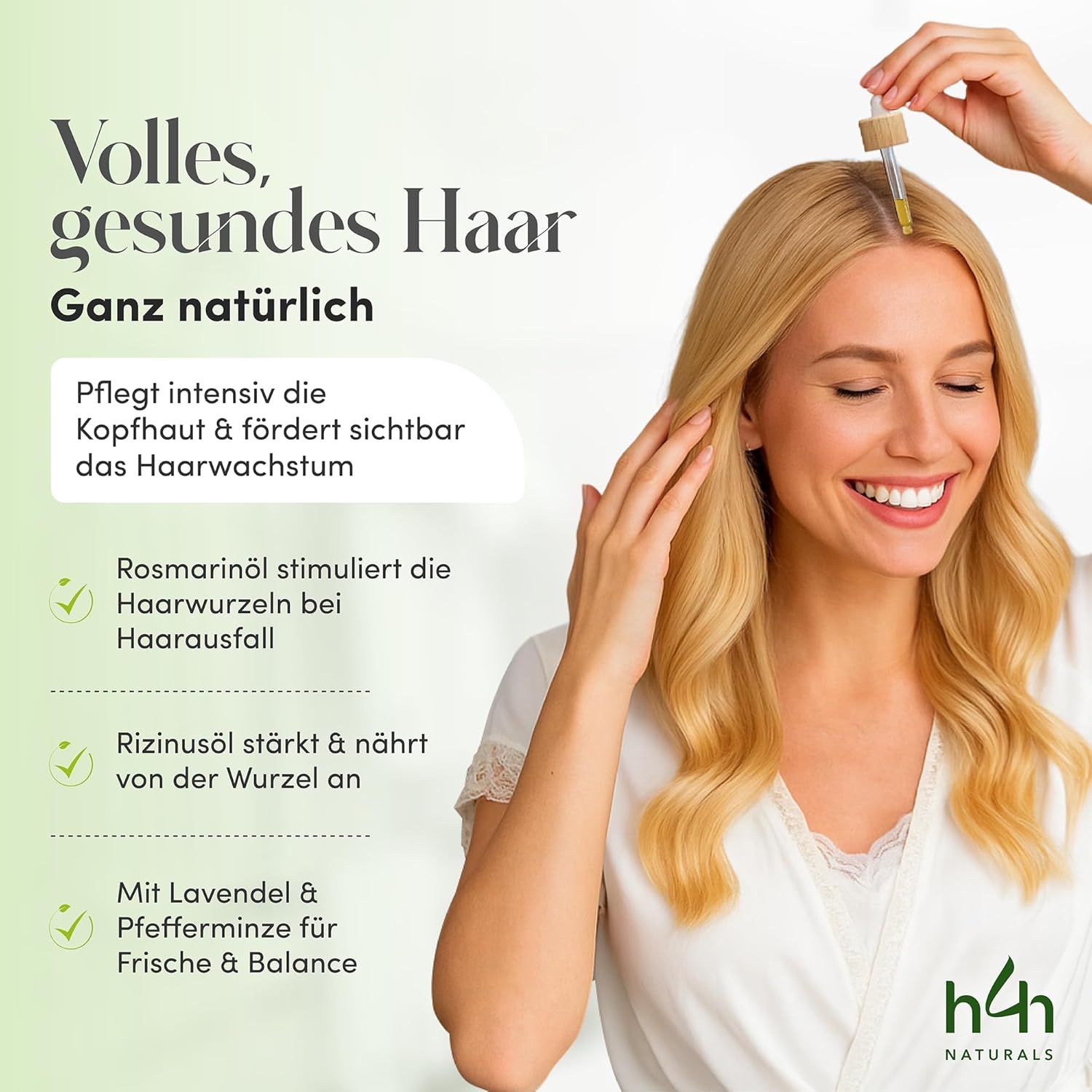 Femme blonde appliquant un produit capillaire avec un compte-gouttes. Texte: Cheveux sains et pleins. Logo H4H Naturals.