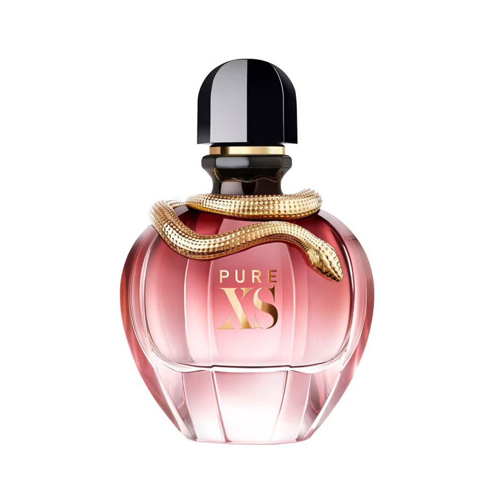Flacon de parfum. Flacon rond, rose transparent, serpent doré. Bouchon noir, inscription dorée PURE XS.
