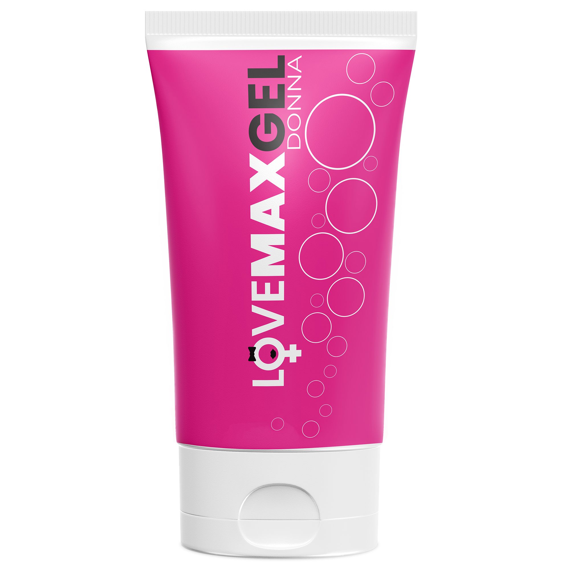 LOVEMAX GEL DONNA tube met witte klapdop. Roze verpakking met witte cirkels en vrouwelijk symbool.