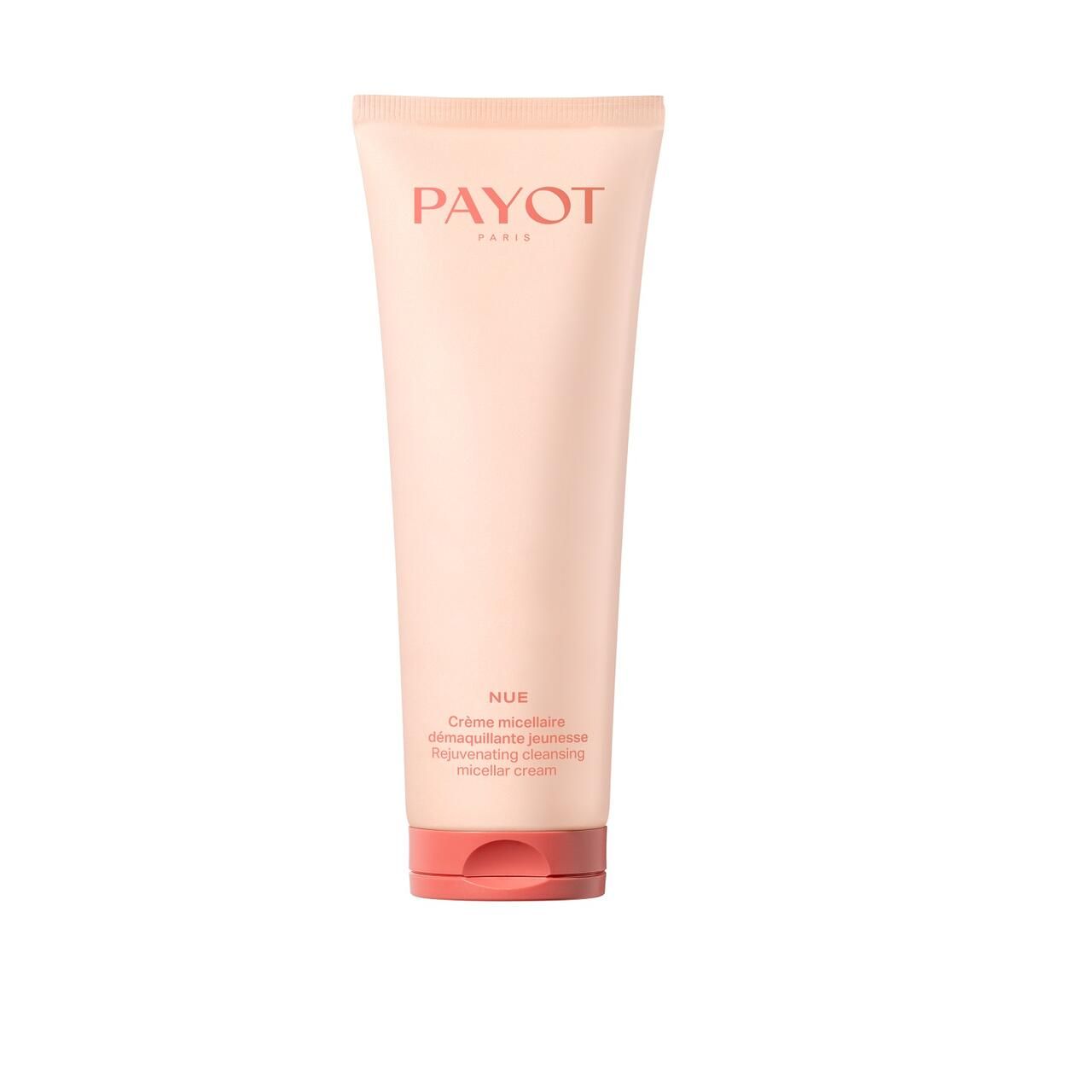 Roze Payot-tube. Opschrift: PAYOT PARIS, NUE, Crème micellaire démaquillante jeunesse, Rejuvenating cleansing micellar cream.