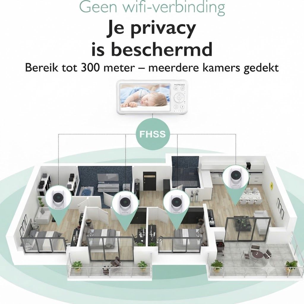 Plattegrond van een appartement met babyfoon camera's in drie kamers en een ouderunit die FHSS-technologie gebruikt.
