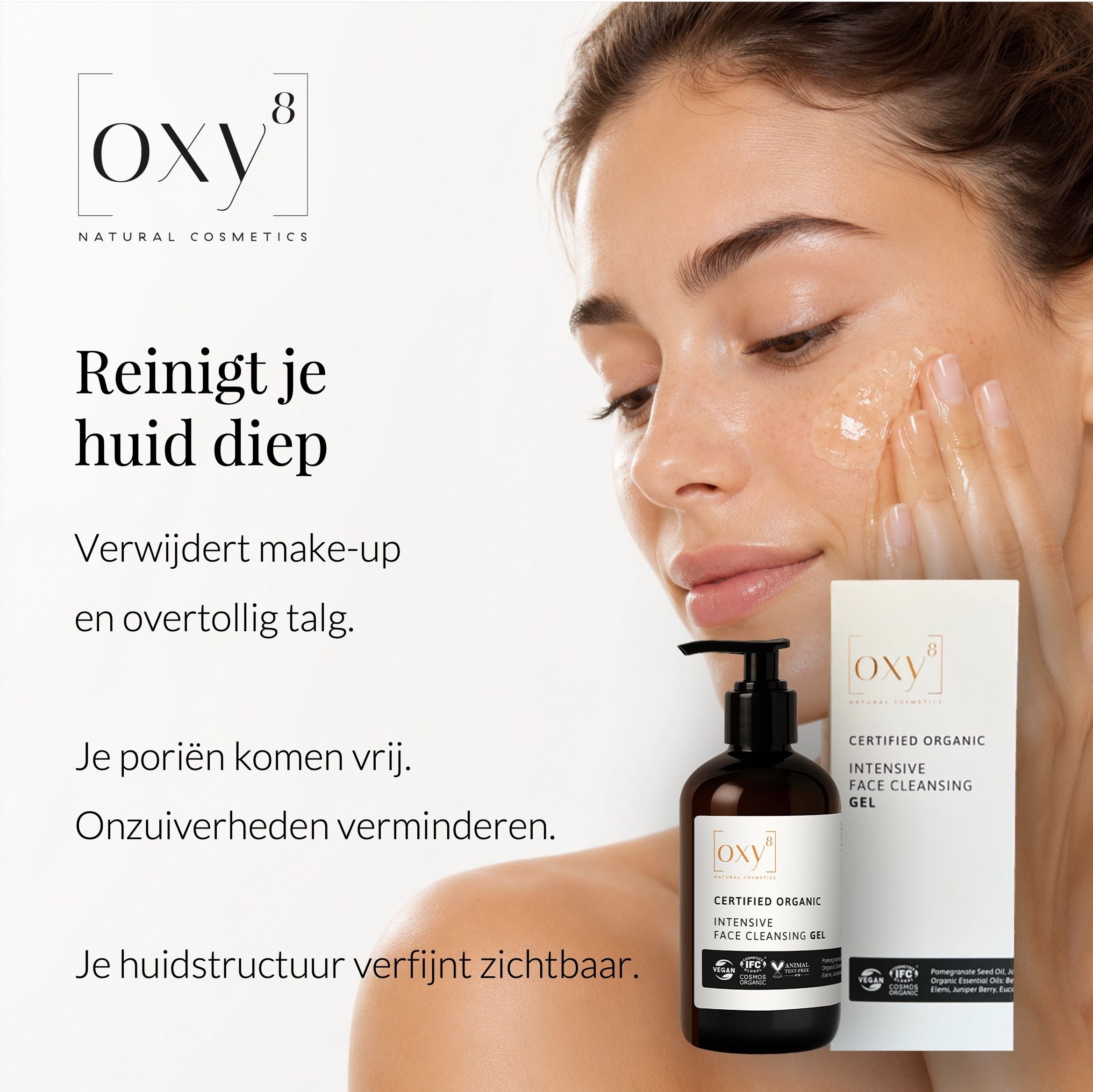 Vrouw met gezicht, fles, productverpakking, tekst: oxy8, Intensive Face Cleansing Gel.