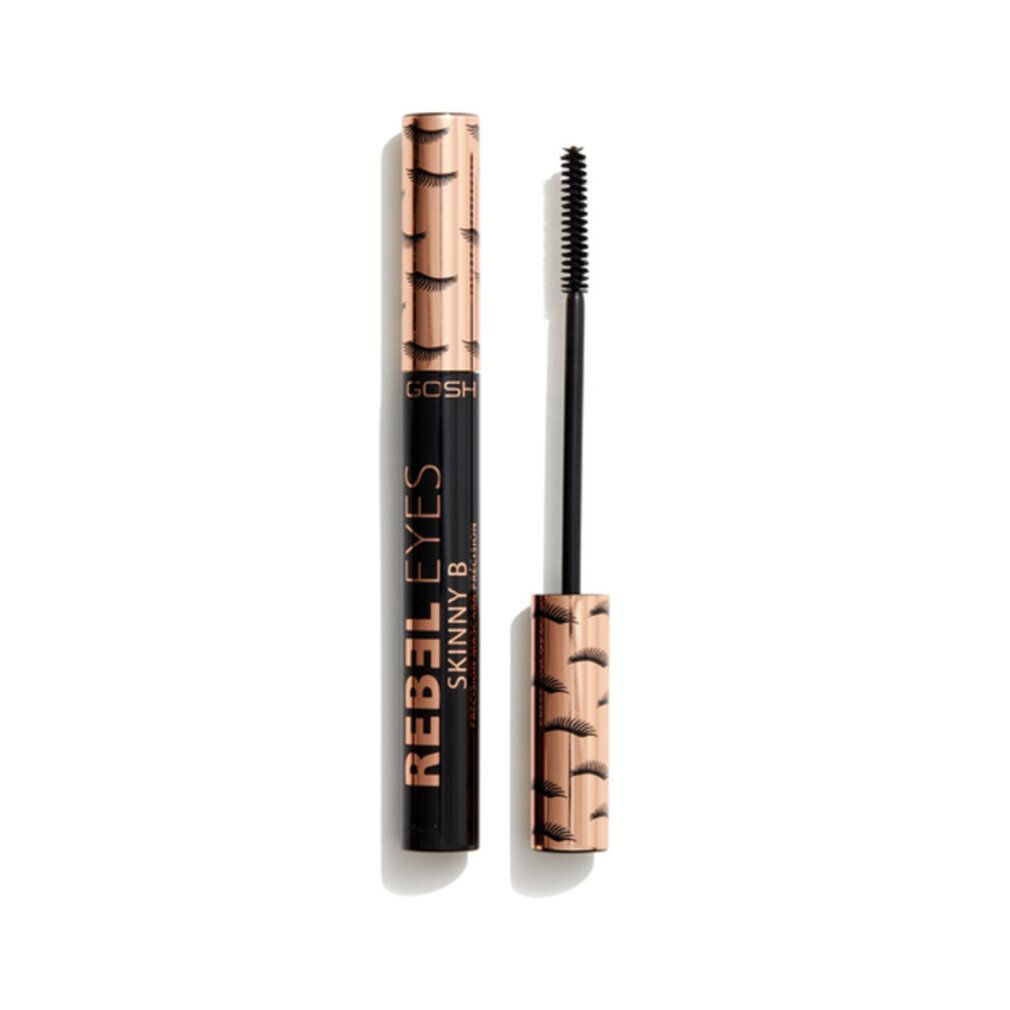 Zwarte mascara tube met gouden dop en belettering. Borstel ernaast. GOSH Rebel Eyes Skinny B Precision Mascara.