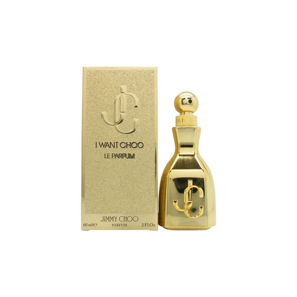 Flacon de parfum et emballage dorés. Inscription "I WANT CHOO LE PARFUM". Marque "JIMMY CHOO".