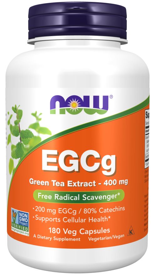 Flacon blanc avec étiquette orange. Inscription : NOW, EGCg, extrait de thé vert, 400 mg, 180 gélules végétales. Label Non-OGM.