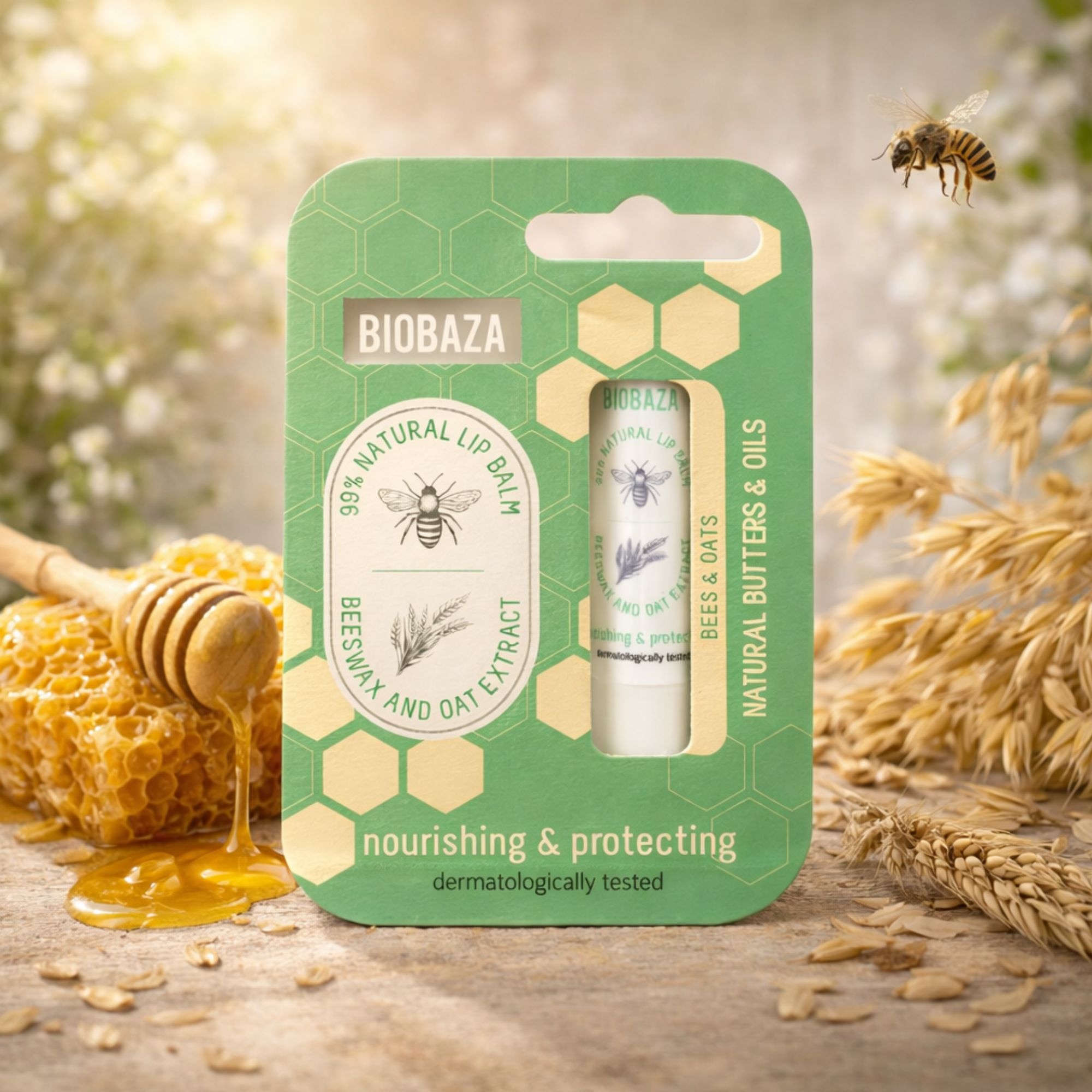 Emballage vert avec un bâton de baume à lèvres. L'emballage porte l'inscription "BIOBAZA", "99% NATURAL LIP BALM" et "BEESWAX AND OAT EXTRACT".