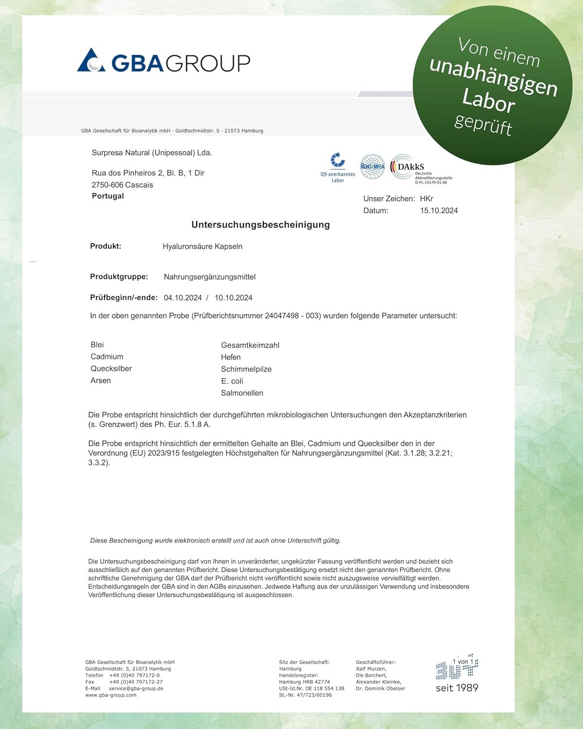 Testrapport voor Surpresa Natural Hyaluron capsules door GBA GROUP. Getest door onafhankelijk laboratorium.
