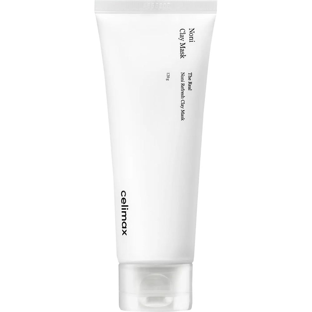 Tube blanc avec inscription CELIMAX et mention "The Real Noni Refresh Clay Mask".