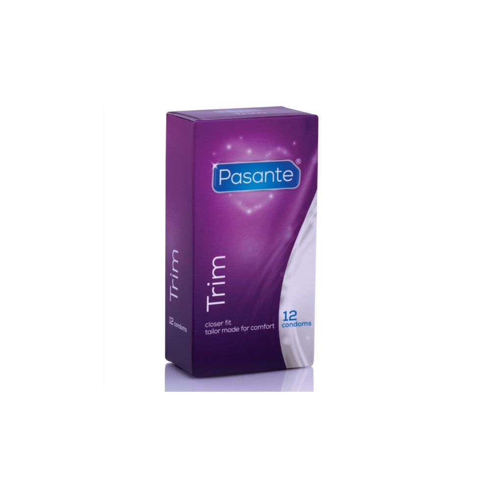 Pasante Trim condoomverpakking. Paarse verpakking met productnaam en 12 condooms. "Closer fit" en "tailor made for comfort".