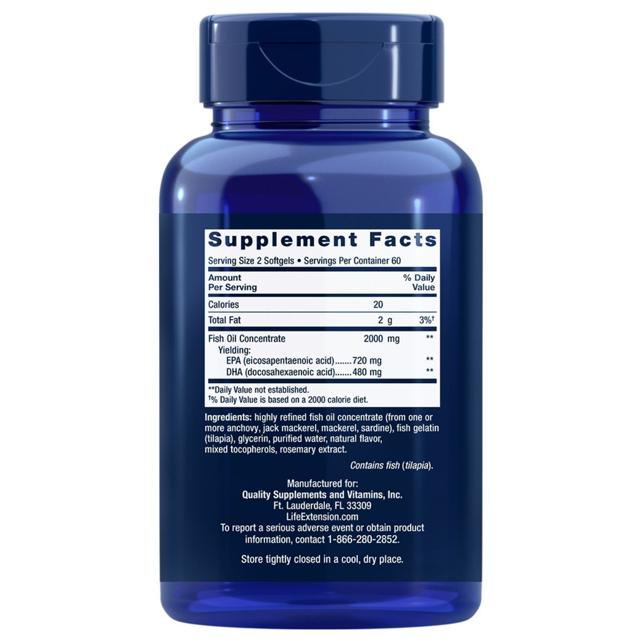 Dos d'une bouteille Life Extension Mega EPA/DHA avec faits nutritionnels et ingrédients. 120 gélules molles.