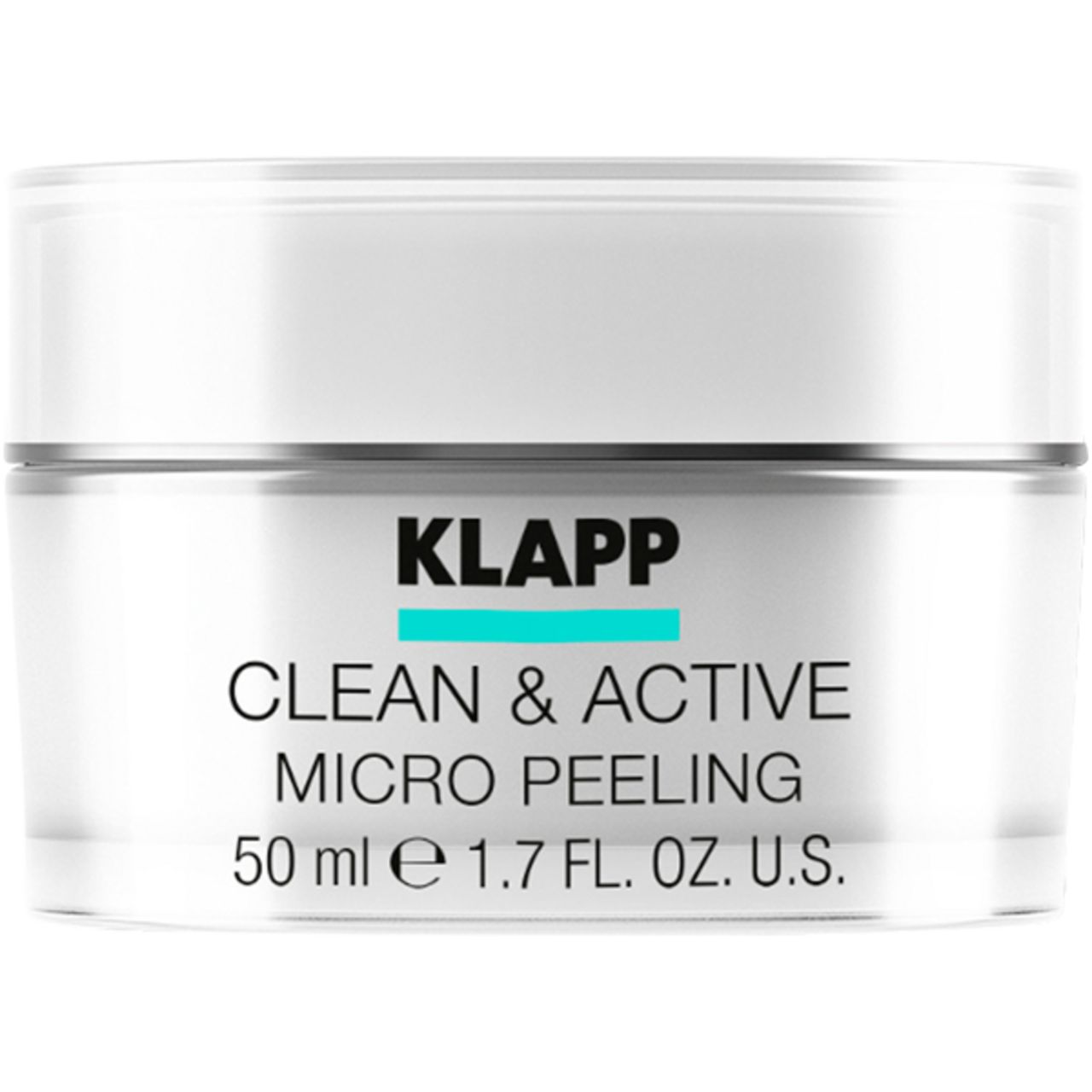 Glazen pot met witte deksel. Opschrift: KLAPP, Clean & Active Micro Peeling. 50 ml e 1.7 FL.OZ.U.S.